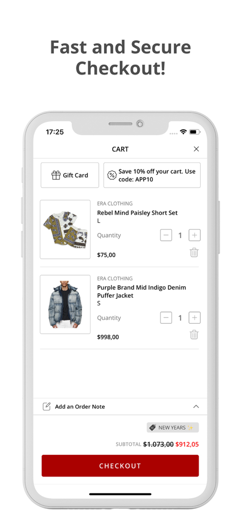 Era Clothing - Mobile app shopping cart screen for Era Clothing showing selected fashion items and a checkout button.