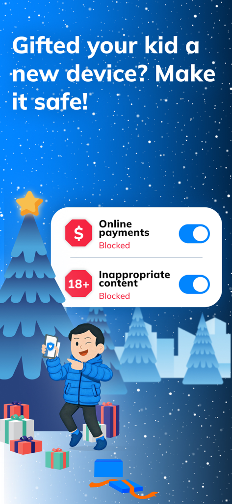 Findmykids app interface showing toggles to block online payments and inappropriate content on a child's device