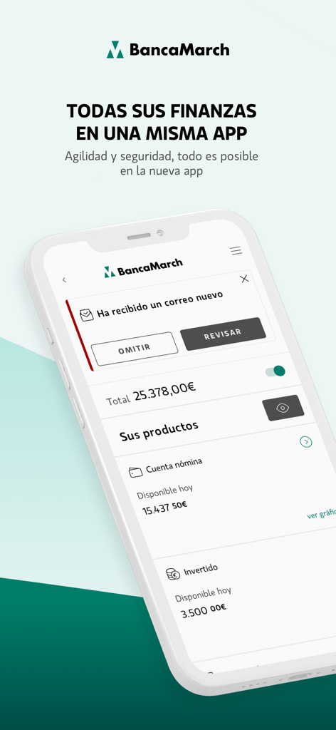 Banca March mobile app interface showing account balance and investment details on a smartphone