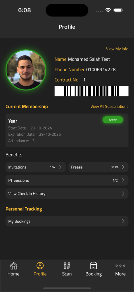 Be Hulk Gym - Be Hulk Gym app user profile screen showing active membership status and benefits