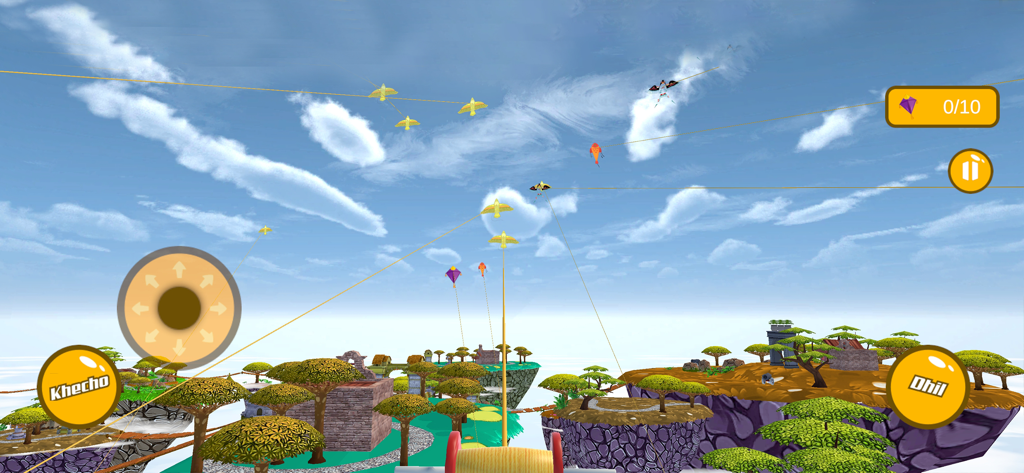 Kite Game 3D Pipa Kite Flying - Captura de pantalla del juego de Kite Game 3D que muestra combate Pipa con controles en pantalla y cometas en un cielo azul