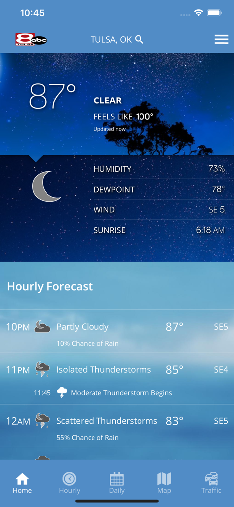 KTUL WX - KTUL WX weather app interface showing current temperature and hourly forecast for Tulsa