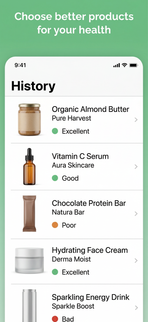 Yuka AI: Food & Cosmetic Scan - The history screen of the Yuka AI app displaying health ratings for various food and cosmetic products.