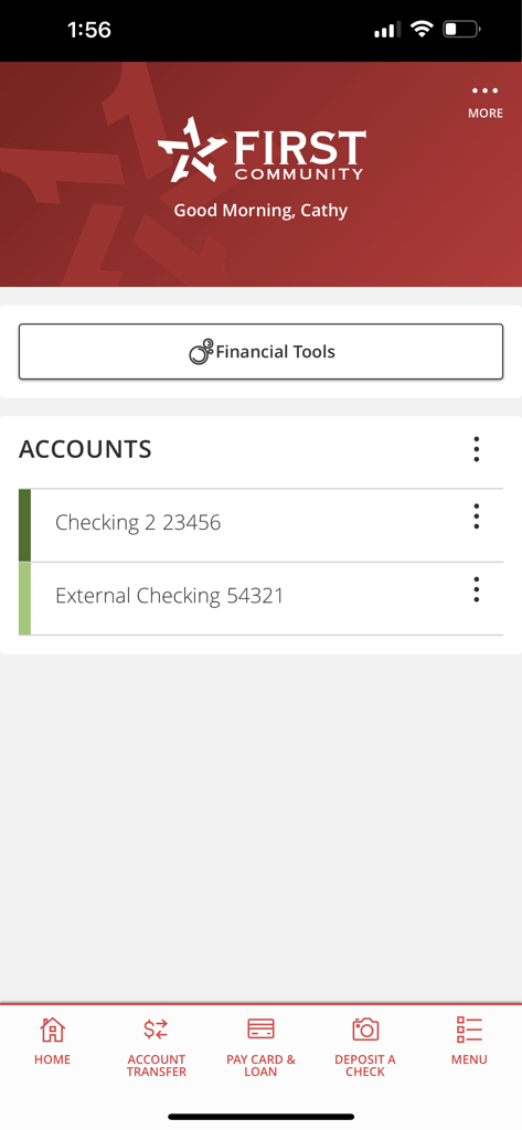 First Community CU Houston - Mobile app dashboard for First Community Credit Union Houston showing checking account balances and main navigation options.
