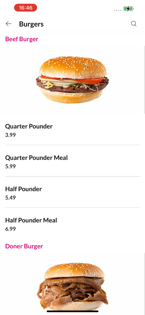 Roosters Chicken And Grill. - Roosters Chicken and Grill burger menu screen showing beef and doner options