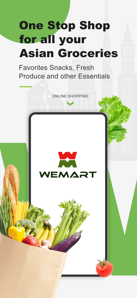 WEMART温超 - WEMART app promotional screen for online Asian grocery shopping featuring fresh produce and snacks