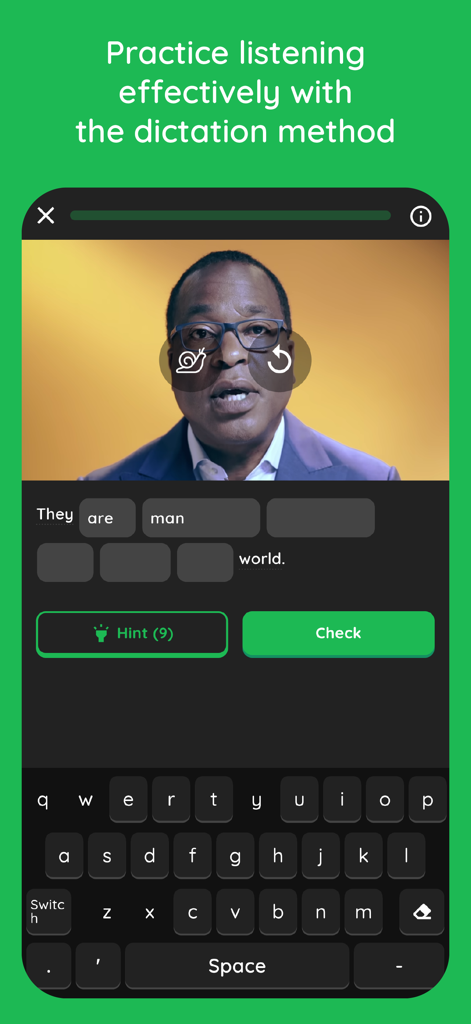 Learn English - Lingoland - Lingolandアプリのディクテーション方式を使用した英語リスニング練習インターフェース