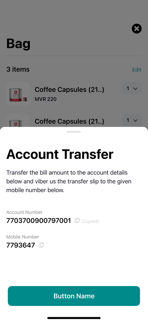 Account transfer information popup for payment in the SIMDI Online app