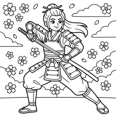 Dive into Japanese history with this exciting Onna-Bugeisha coloring page designed especially for kids aged 4-8. Color this friendly female samurai warrior in her dynamic pose, surrounded by beautiful cherry blossoms and fluffy clouds.