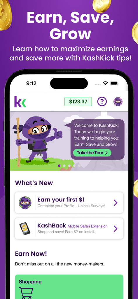 KashKick: Get paid to have fun - Pantalla de inicio de la aplicación KashKick mostrando el saldo de ganancias y oportunidades de trabajos secundarios como encuestas y recompensas de compras