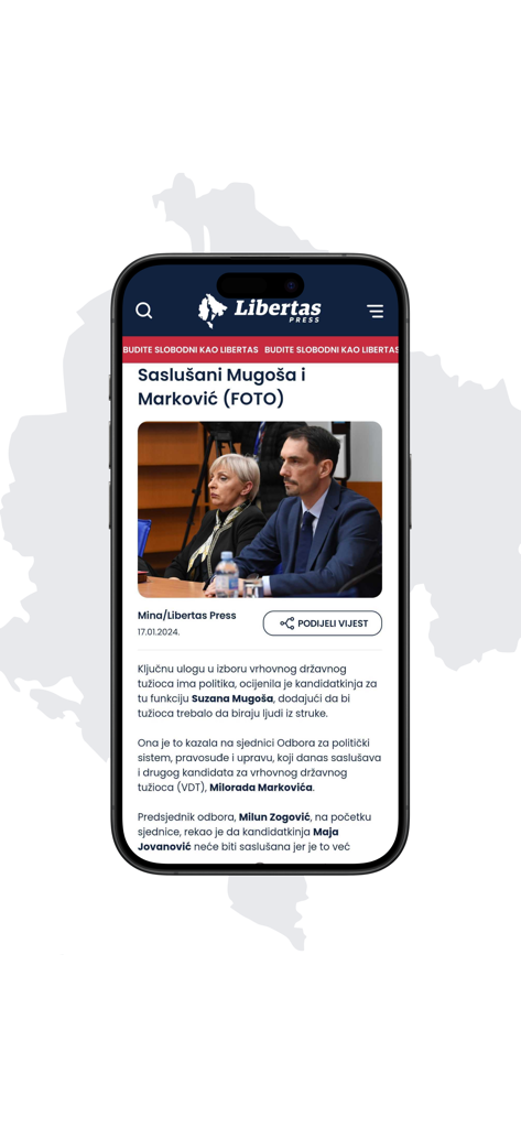 Libertas Press - Libertas Press app showing an investigative news article about Montenegrin politics