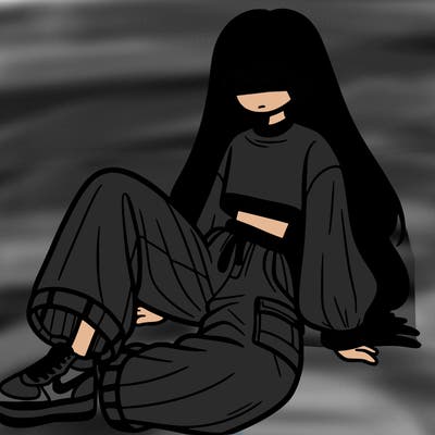 a girl with baggy pants and a crop top with long hair