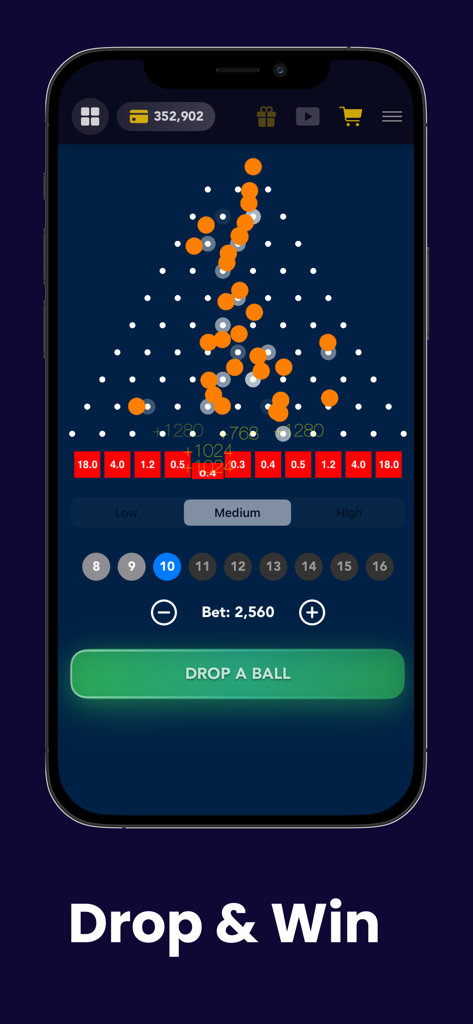 Plinko mini game interface in Crash or Cash Lucky Casino app showing orange balls falling through a peg board with multipliers