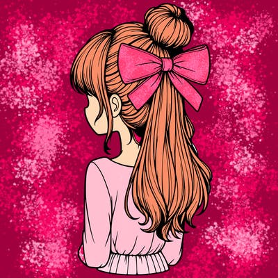 realistic girl  with hip length hair a bun and a big bow on the back of head