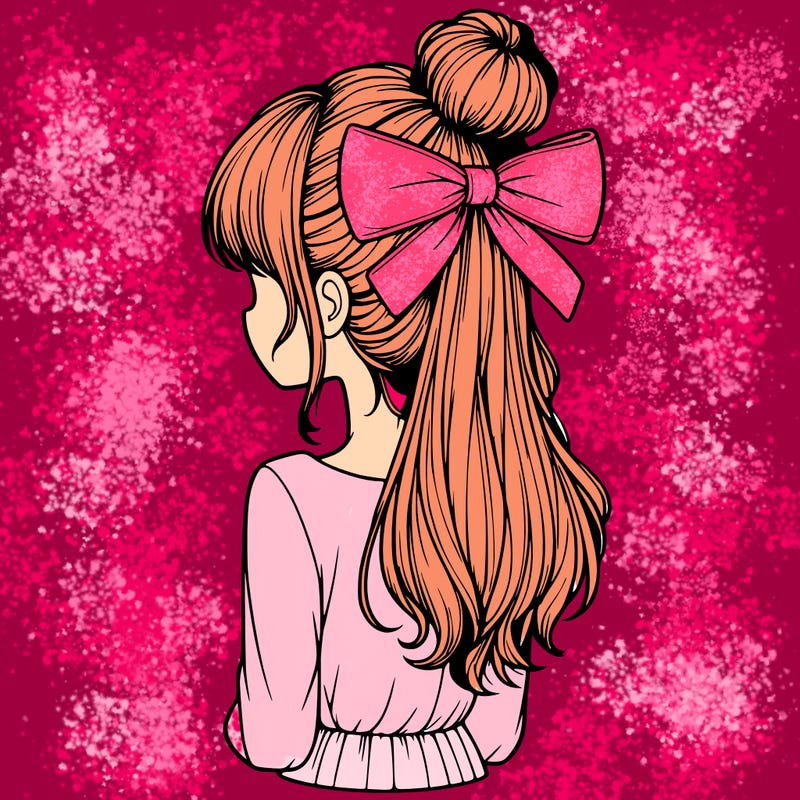 realistic girl  with hip length hair a bun and a big bow on the back of head