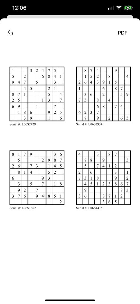A PDF preview of four Sudoku puzzles with unique serial numbers ready to print.