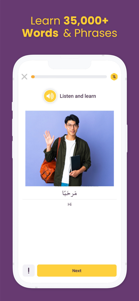 AlifBee - Learn Arabic Easily - AlifBee app interface showing an Arabic vocabulary lesson for the word Hi with a student illustration