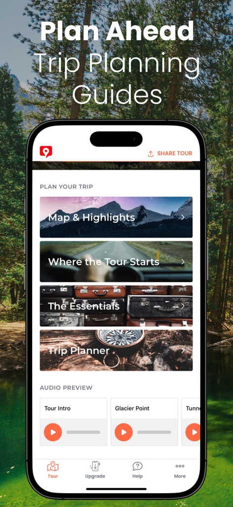 Yosemite GyPSy Guide Tour - Interface of the Yosemite GyPSy Guide app showing trip planning categories and audio previews