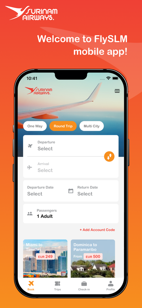 FlySLM - FlySLM mobile app flight booking screen with destination and date selection