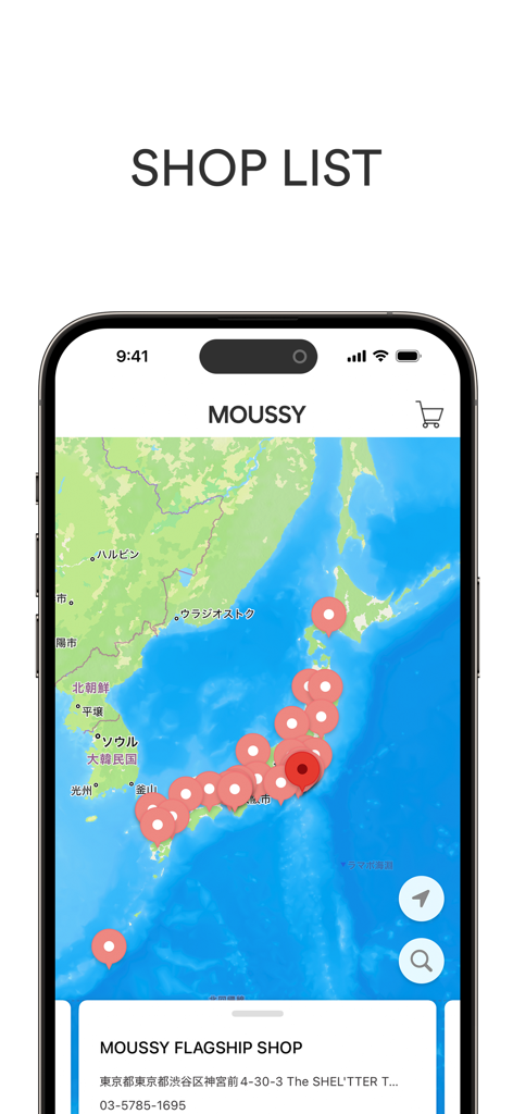 MOUSSY(マウジー)公式アプリ - The MOUSSY official app Shop List screen showing store locations on a map of Japan with the Moussy Flagship Shop details.