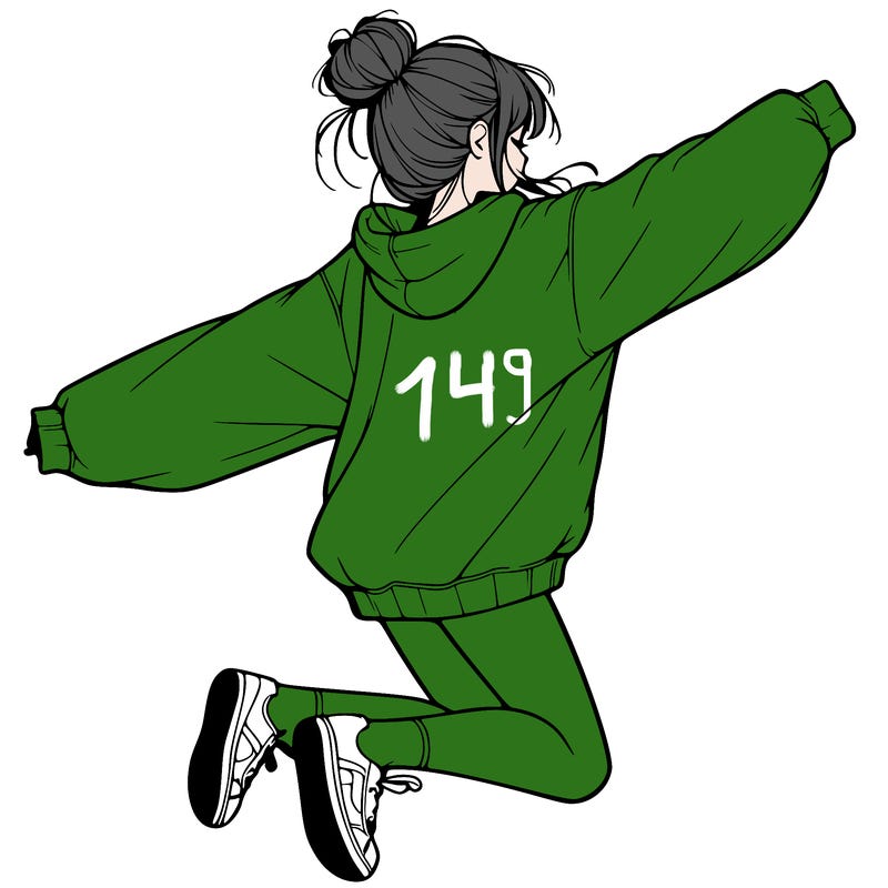 realistic girl jumping with a bun and oversized sweatshirt