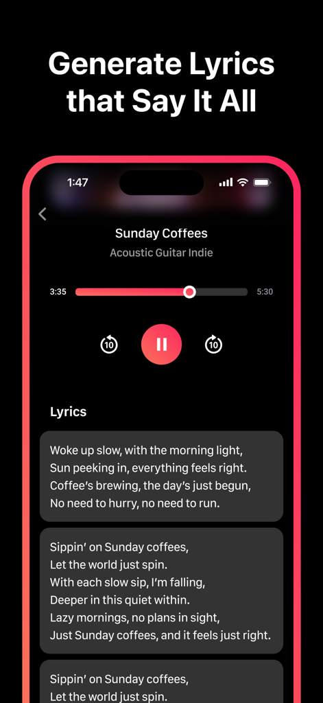 Song AI Maker: Generate Music - AIが作成したアコースティックインディーズソングの生成された歌詞と音楽プレーヤーを表示するモバイル画面。