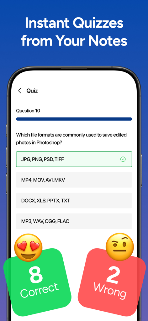 A smartphone screen displaying an AI-generated quiz based on notes with a multiple choice question about Photoshop file formats and score results.