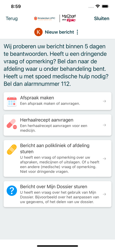Mijn Dossier Amsterdam UMC - Interface of the Mijn Dossier Amsterdam UMC app showing options to make an appointment request a repeat prescription or send a message to a clinic
