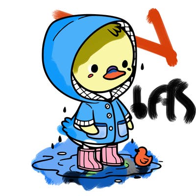 baby duck in a rain coat and boots, in a puddle while it’s raining