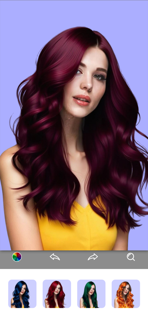 A woman with dark burgundy hair using the Hair Color Changer app showing alternative hair color options like blue, red, green, and orange.