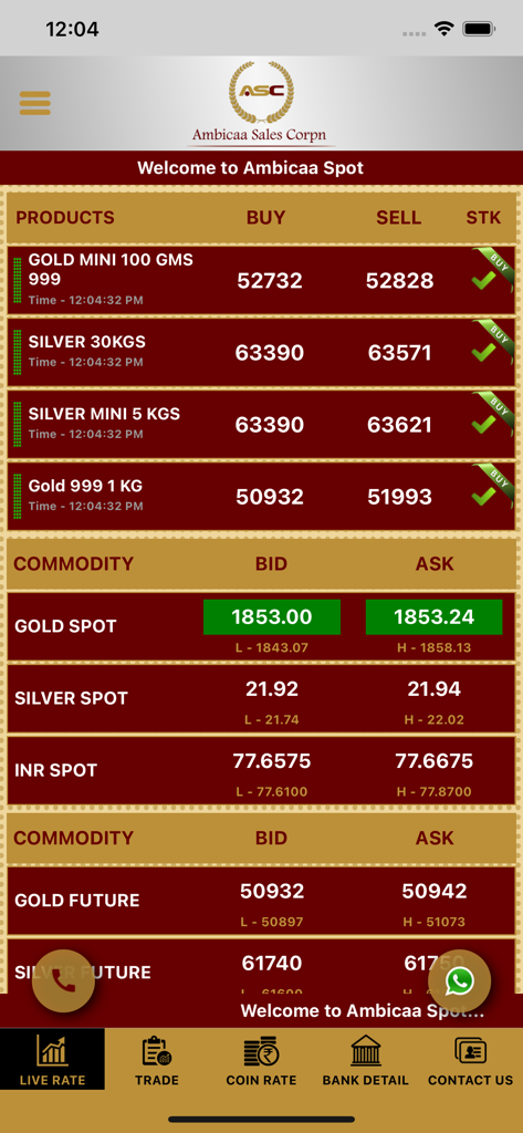 Ambicaa Spot - Ambicaa Spot app interface displaying live gold and silver market prices
