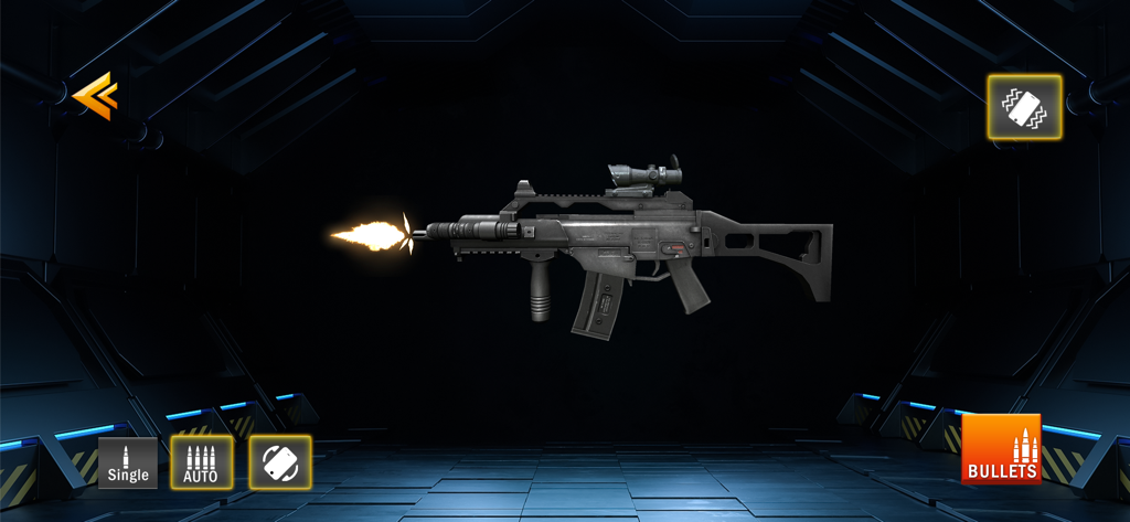 Gun Simulator: Shake to Shoot - Rifle de asalto realista disparando con destello de cañón en Simulador de Armas Agita para Disparar