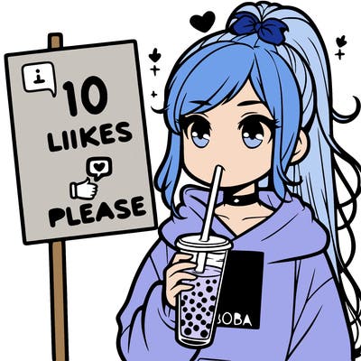 girl with a high ponytail and a hoodie drinking boba staring at a sign saying 10 likes please