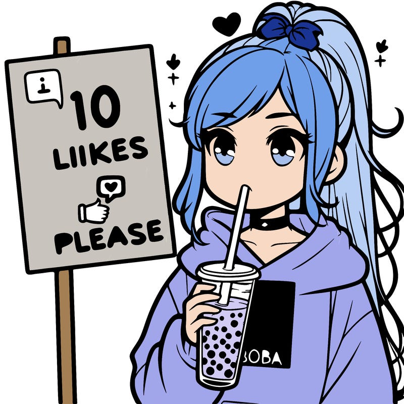 girl with a high ponytail and a hoodie drinking boba staring at a sign saying 10 likes please
