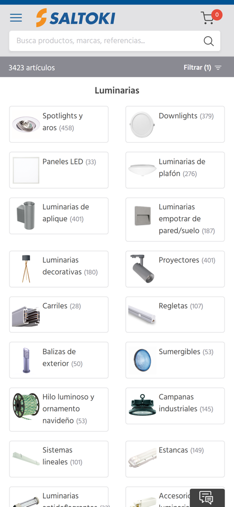 Saltoki Online 2.0 mostrando categorías profesionales de luminarias como focos, downlights y paneles LED