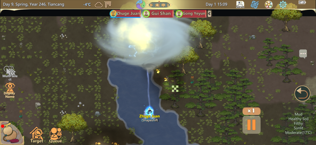 A disciple experiencing a Heavenly Tribulation event under a swirling storm in Amazing Cultivation Simulator.