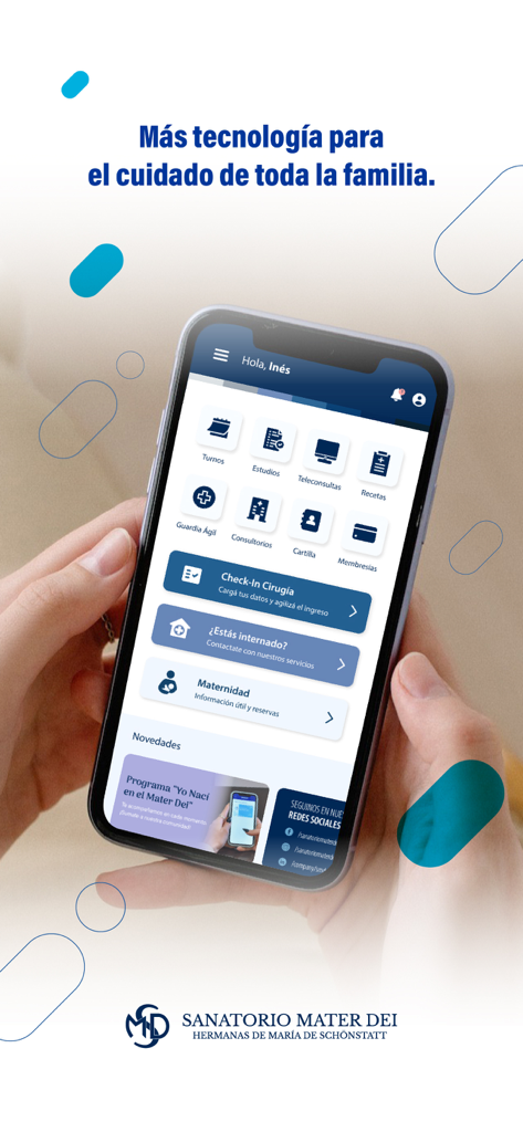 Sanatorio Mater Dei - Pantalla de inicio de la aplicación móvil del Sanatorio Mater Dei mostrando iconos de servicios médicos y opciones de gestión de pacientes