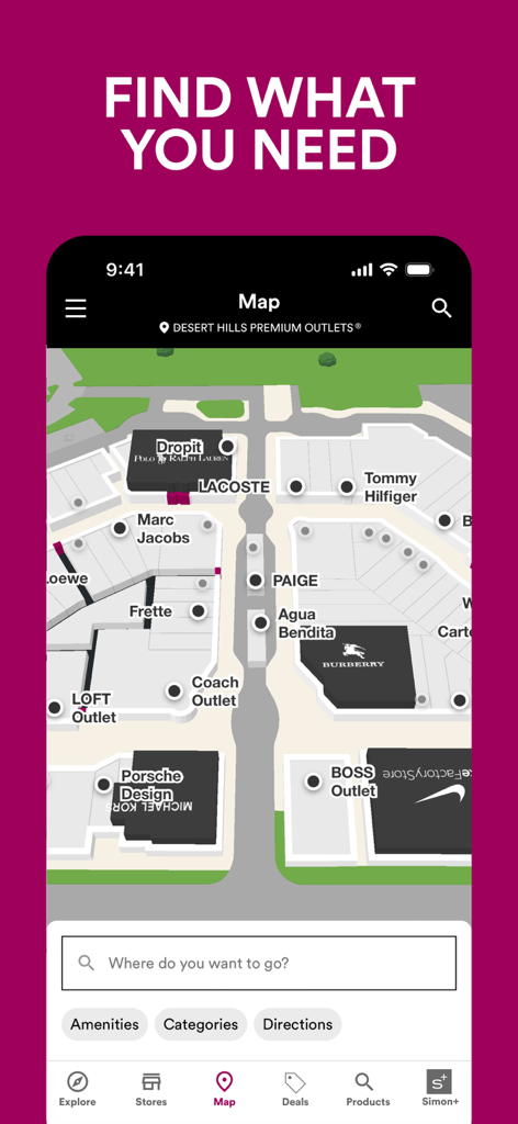 Eine interaktive 3D-Mall-Karte in der SIMON-App, die Geschäftsstandorte und Navigationsfunktionen anzeigt.