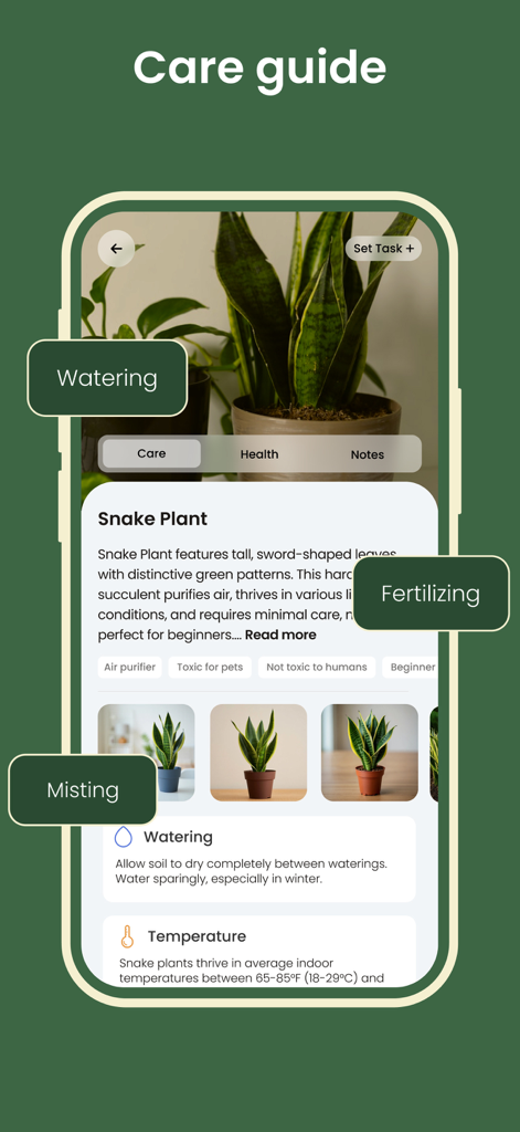 Plant ID ~ Identify Plants - Plant care guide for a Snake Plant in the Plant ID app showing watering and temperature instructions