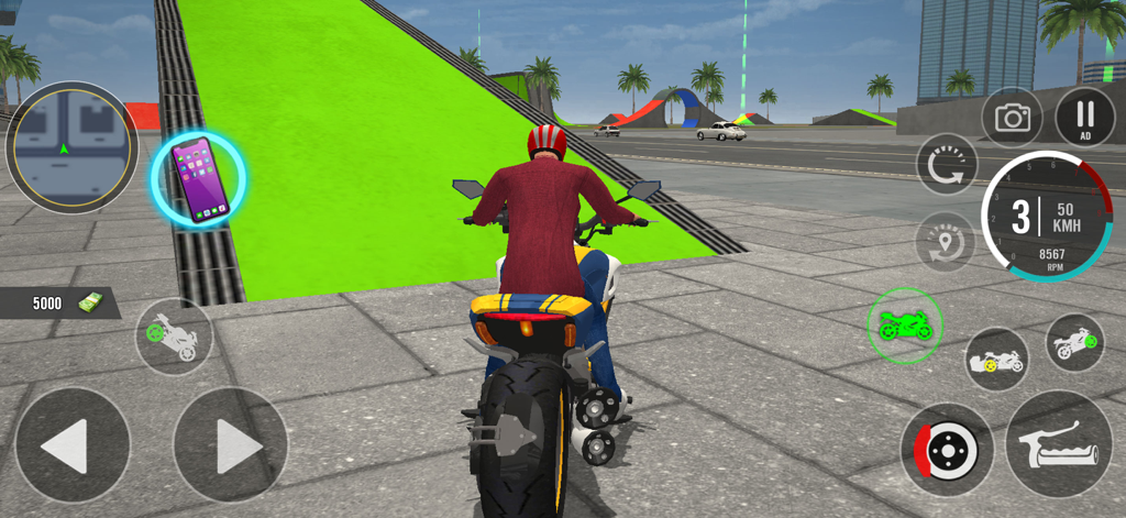 Freestyle Bike Defying Rides - A motorbike rider facing a large green ramp in an urban city setting from the game Freestyle Bike Defying Rides