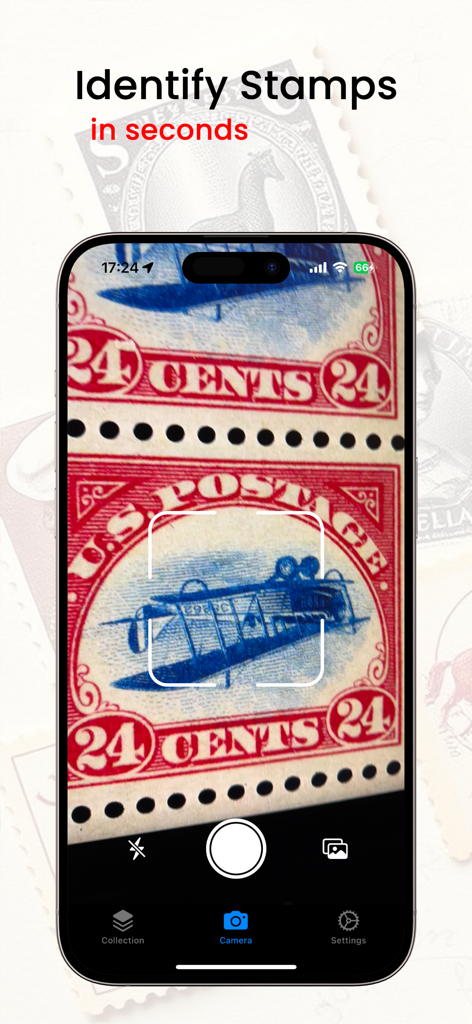 Stamp Identifier Value Scanner - Smartphone camera scanning an Inverted Jenny stamp to identify its value