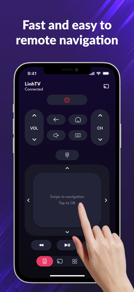 TV Remote: Smart Remote for TV - Smartphone displaying a smart TV remote app interface with a navigation touchpad and volume buttons