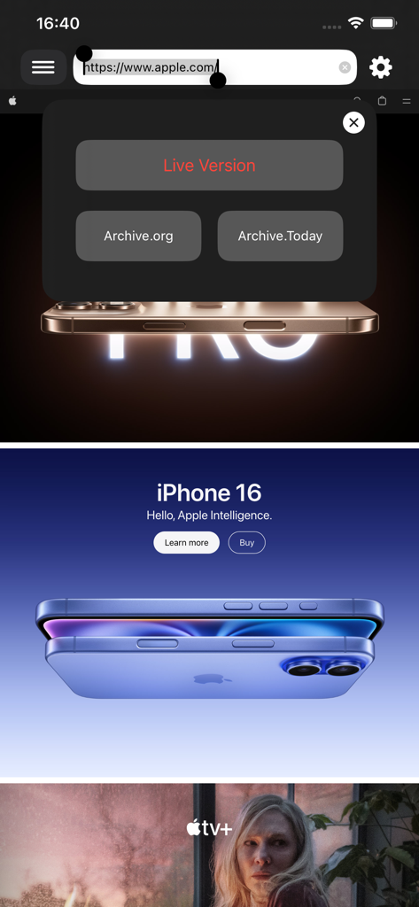 Cached View - Cached View app interface showing options to view live or archived versions of a website using Archive.org and Archive.Today.