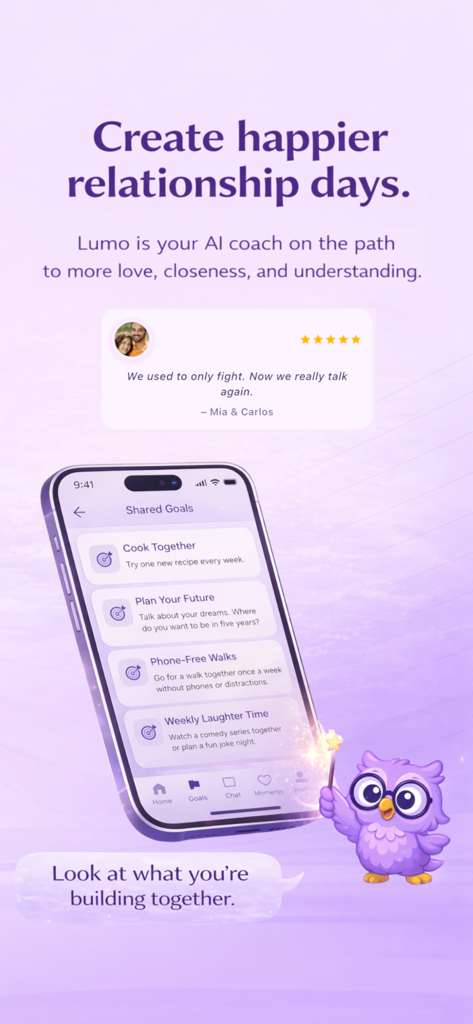 Interface of Couples App Lumo showing shared relationship goals and a positive user review
