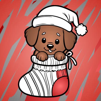 cute puppy wearing santa hat in socking