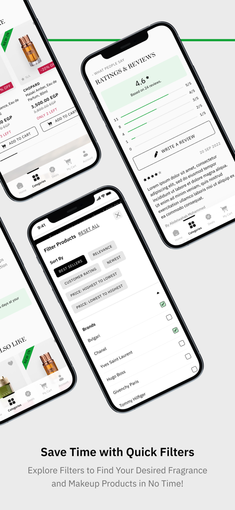 Mazaya Stores - Mazaya Storesアプリのインターフェース。高級香水の製品フィルターと顧客レビューが表示されています。