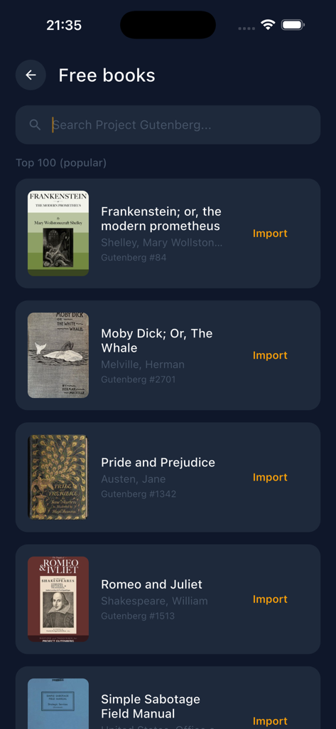 Eist - Audiobook Reader - Eistアプリのインターフェイスで、Project Gutenbergからインポート可能な無料の古典書籍のリストが表示されている。