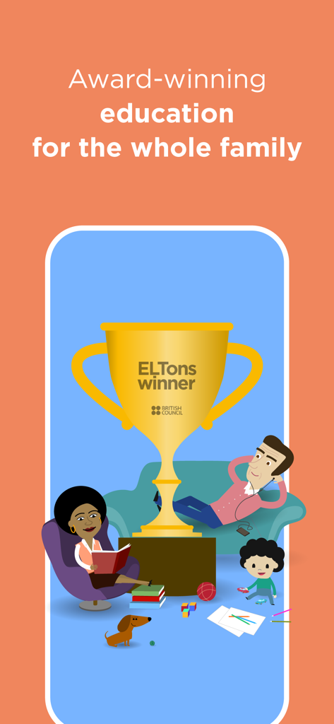 Gráfico que muestra un trofeo del premio ELTons con el texto Educación galardonada para toda la familia encima de una ilustración de una familia