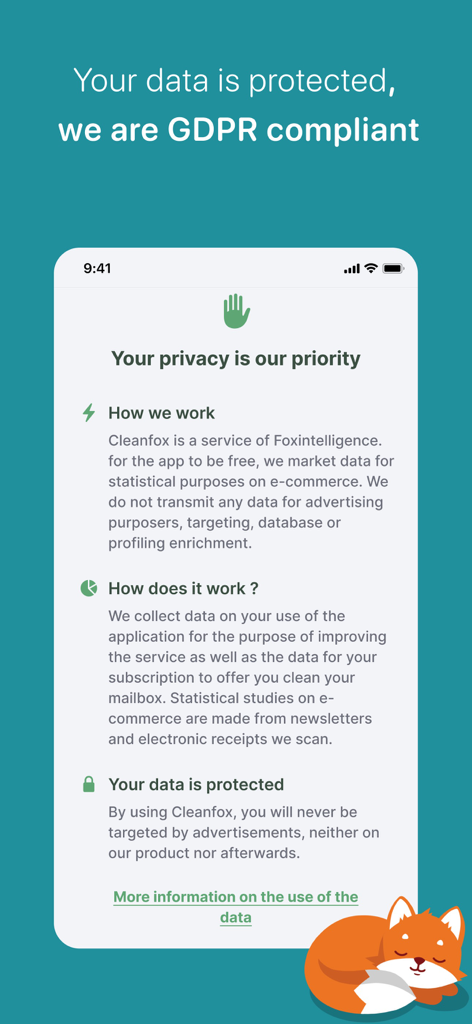 Cleanfox - Email Cleaner - Cleanfox app interface explaining data protection and GDPR compliance.