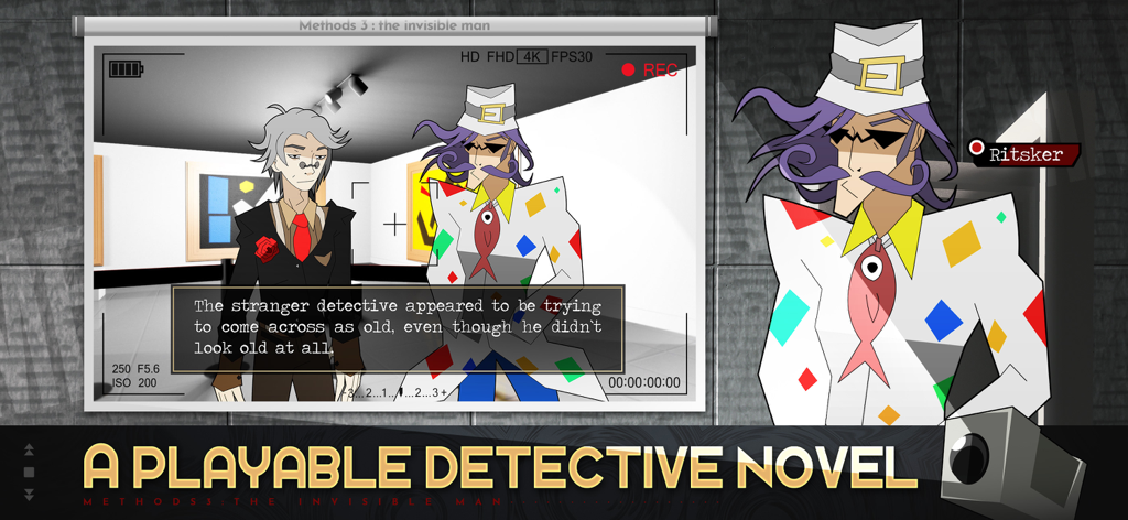 Methods 3: The Invisible Man - A gameplay scene from the visual novel Methods 3 The Invisible Man showing two detectives investigating a case.